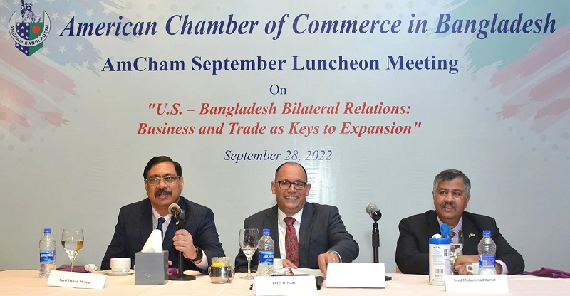 US Ambassador to Bangladesh Peter Haas (middle) speaks at the American Chamber of Commerce in Bangladesh (AmCham) luncheon meeting at a hotel in Dhaka on Wednesday (September 28, 2022).