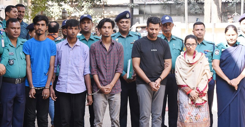 Anika Tabassum (2nd from right), her boyfriend Raju, her brother Talha and two other associates were arrested on charge of killing Mansur Ahmed entering his house.