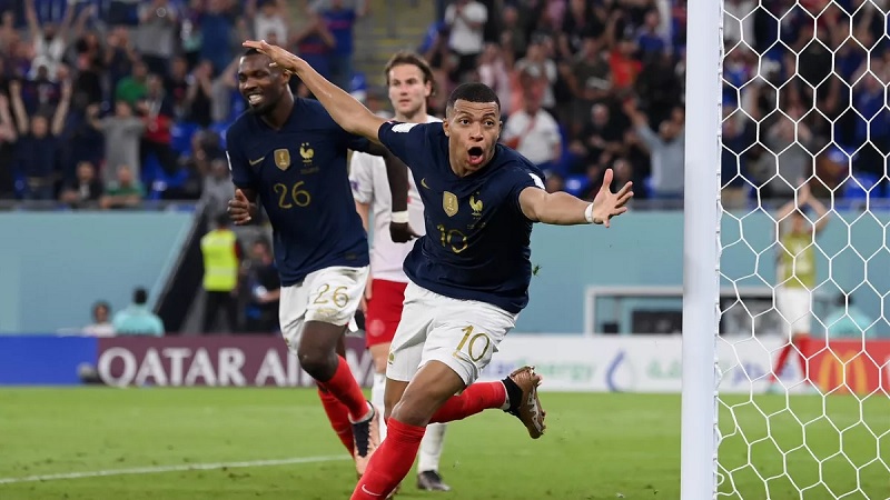 Kylian Mbappe of France celebrates after scoring their team's second goal during the FIFA World Cup Qatar 2022 Group D match between France and Denmark at Stadium 974 on November 26, 2022 in Doha, Qatar. (Photo by Stu Forster/Getty Images)