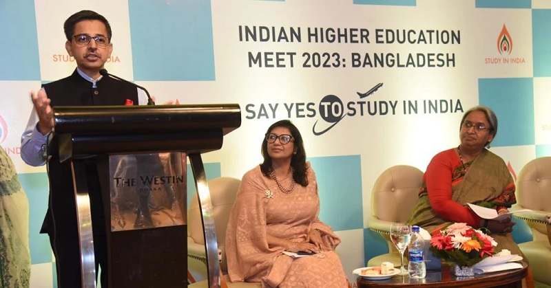 Indian High Commissioner to Bangladesh Pranay Verma speaks at opening ceremony of the Indian Higher Education Meet 2023  in Dhaka on Saturday (March 18, 2023). Education Minister Dr Dipu Moni looks on.