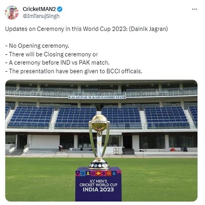 Opening ceremony of ODI World Cup cancelled