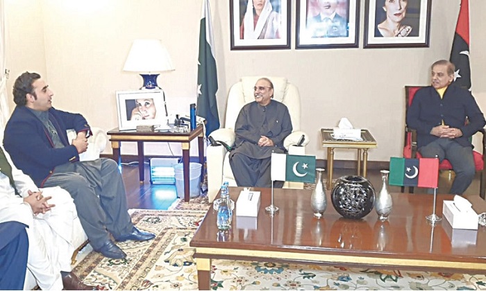 PPP leaders Bilawal Bhutto-Zardari and Asif Ali Zardari meet a PML-N delegation, led by former PM Shehbaz Sharif.
